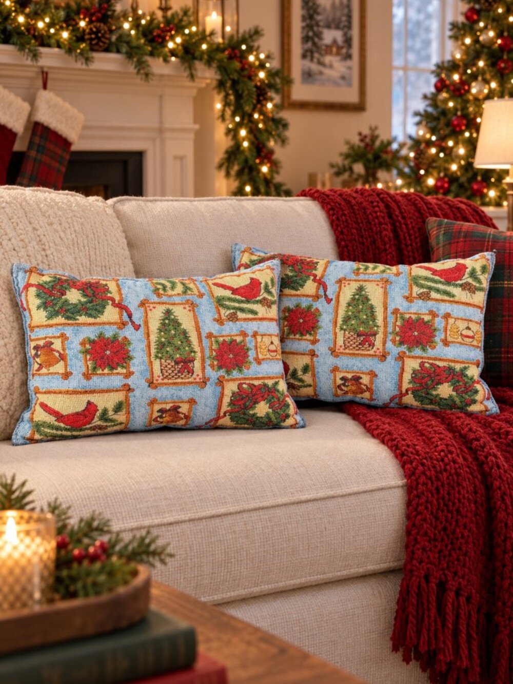 Set of 2 Christmas Tapestry Cardinal Throw Pillows 17x15